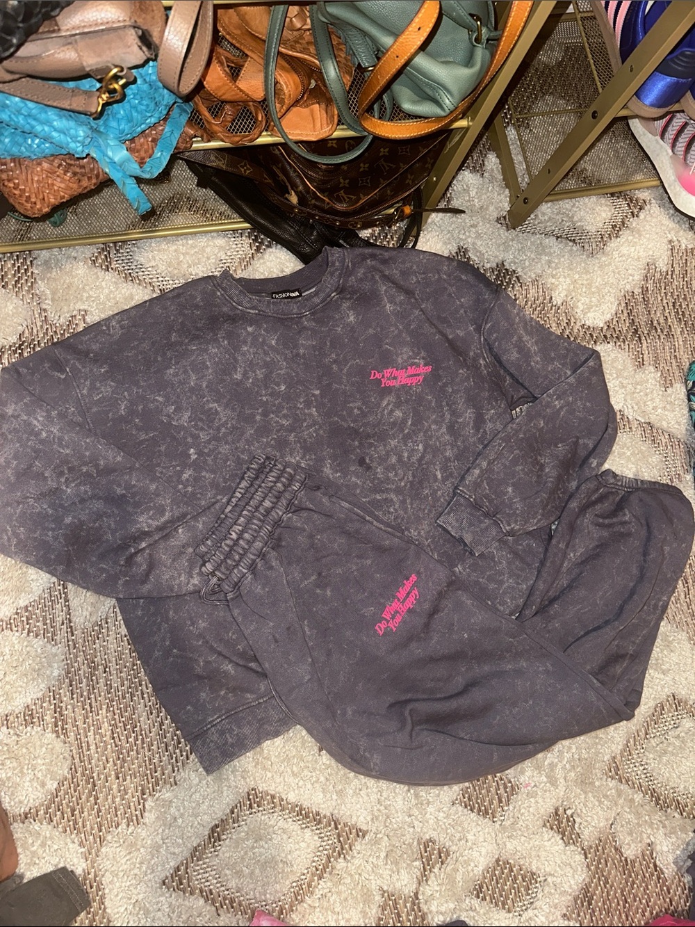 Fashion Nova Grey Acid-Wash Track Pants & Sweatshirt with Pink Logo
